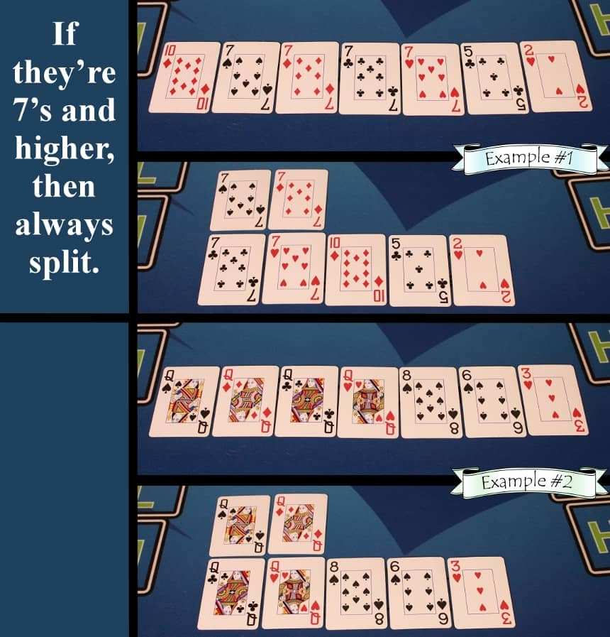 Pai Gow Poker house way split four of a kind 7s and higher example