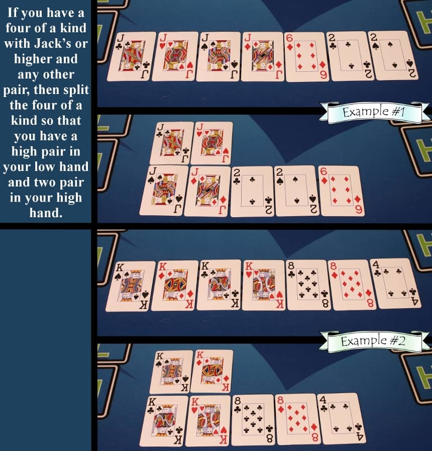 Pai Gow Poker house way quads with jacks and extra pair split rule example