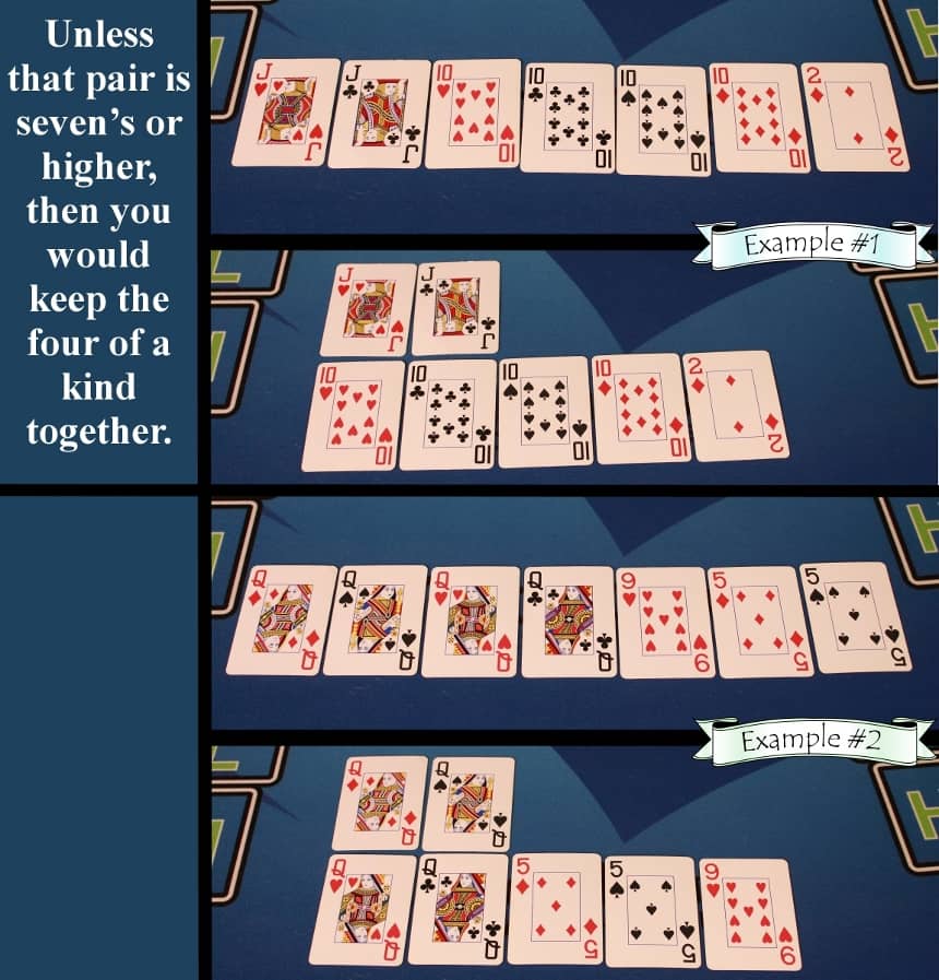 Pai Gow Poker house way quads with pair 7s or higher exception example