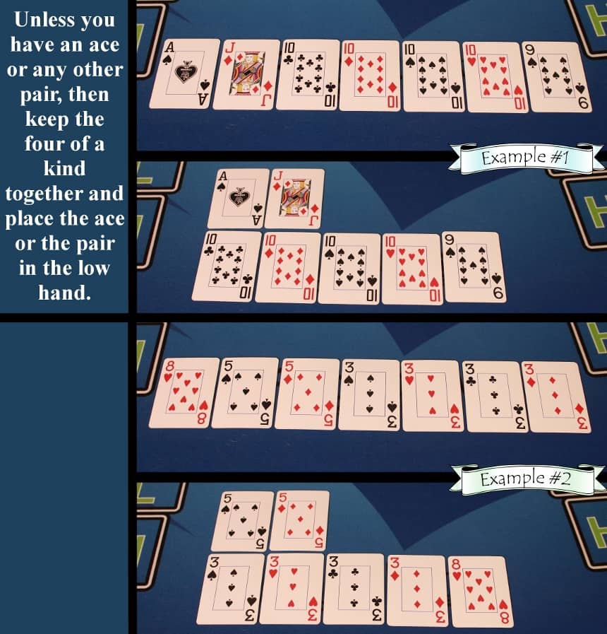 Pai Gow Poker house way keep quads together with ace or pair in low hand example