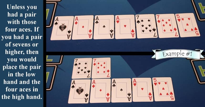 Pai Gow Poker house way four aces with pair rule example