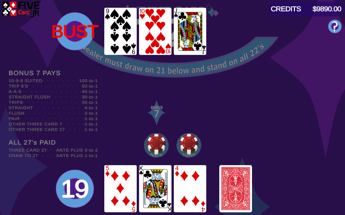 Screenshot of gameplay for Three Card 727