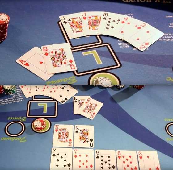 On the top picture the dealer spreads the cards far enough apart that the cameras can see them. On the second picture, it shows an example of a copy hand. On the top picture the dealer spreads the cards far enough apart that the cameras can see them. On the second picture, it shows an example of a copy hand.