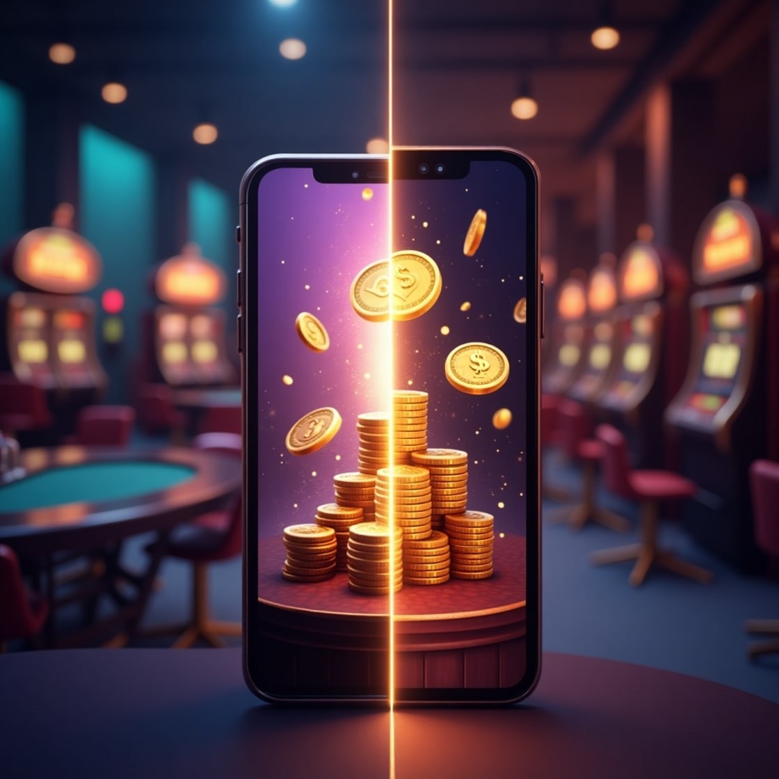 Mobile phone split in half with coins on the screen