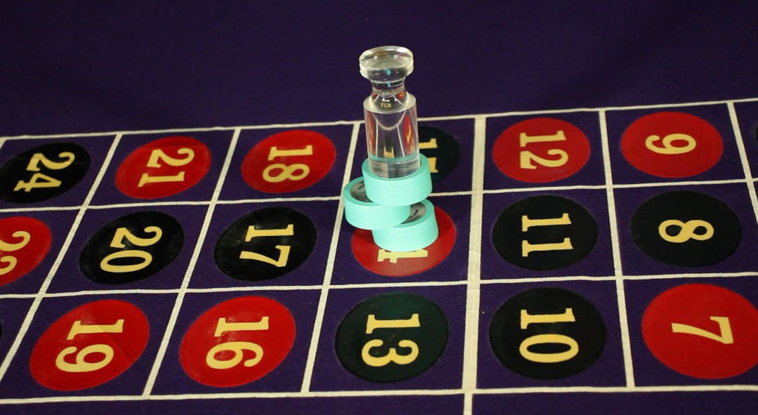 Roulette chips are staggered in stacks of five