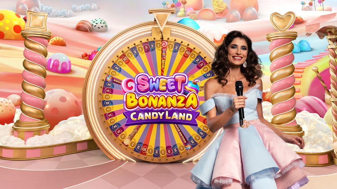 woman in a pastel dress standing in front of a big wheel with a candyland style background