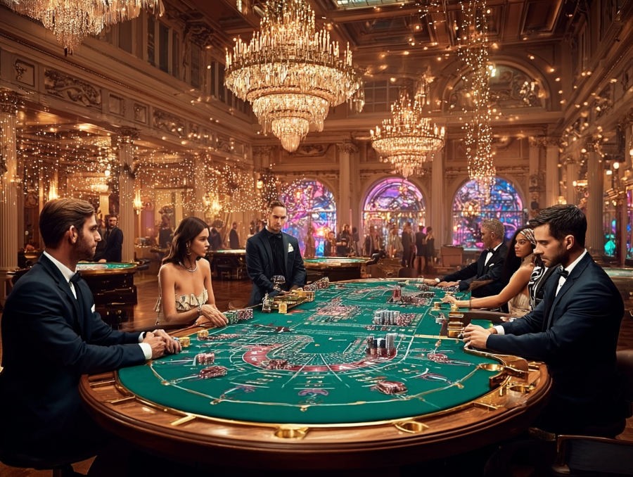 Players playing on a big baccarat table inside a beautiful casino