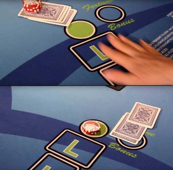 The player folds their hand by pusheing your cards under the bet and towards the dealer or by tossing the cards towards the dealer The player folds their hand by pusheing your cards under the bet and towards the dealer or by tossing the cards towards the dealer