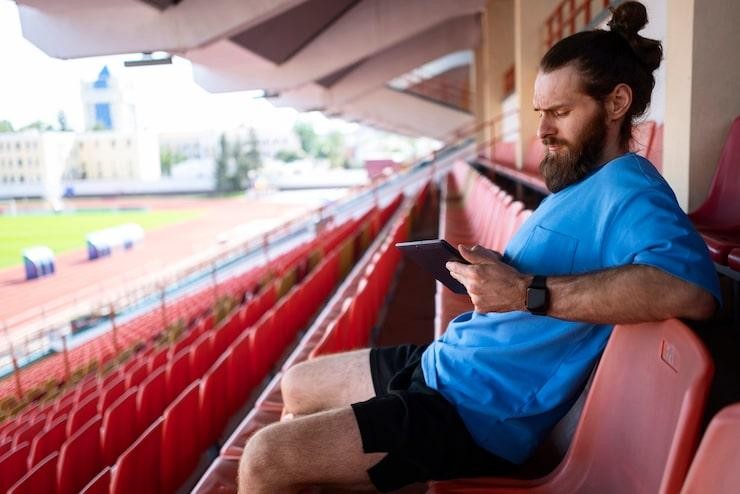 a man using an ipad while sitting in a sports arena