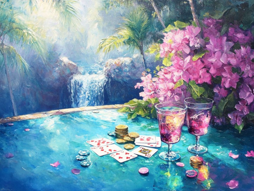 casino game next to a waterfall