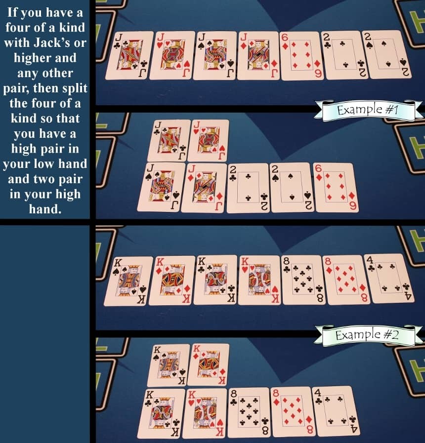 Pai Gow Poker house way quads with jacks and extra pair split rule example