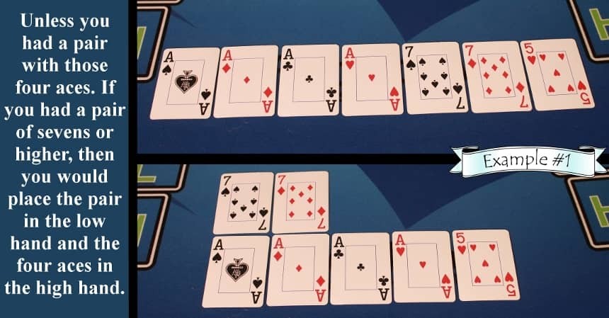 Pai Gow Poker house way four aces with pair rule example